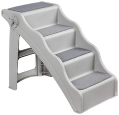 Amazon Basics foldable non-slip pet stairs in grey help small dogs reach beds safely.