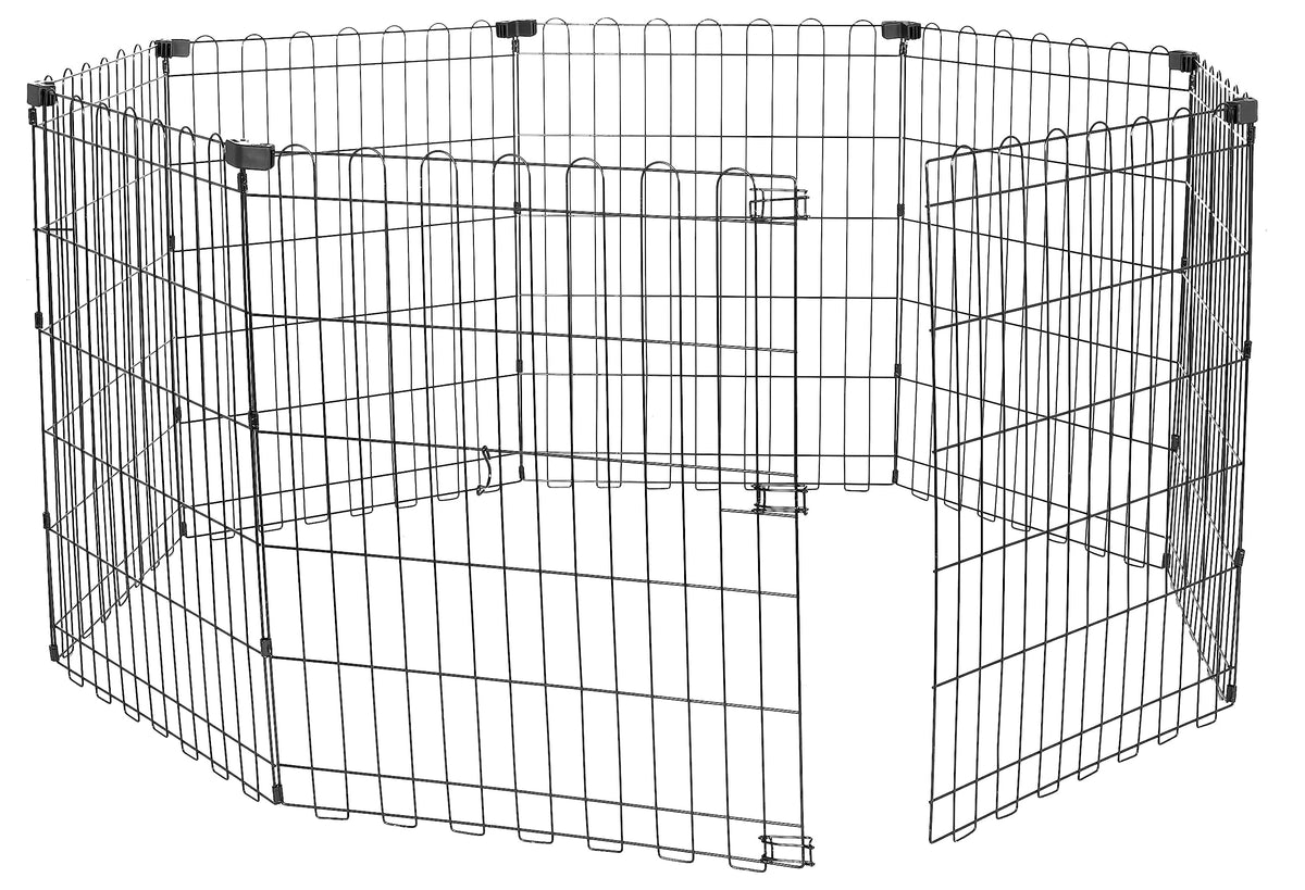 Amazon Basics foldable octagonal dog playpen setup for easy indoor organization.