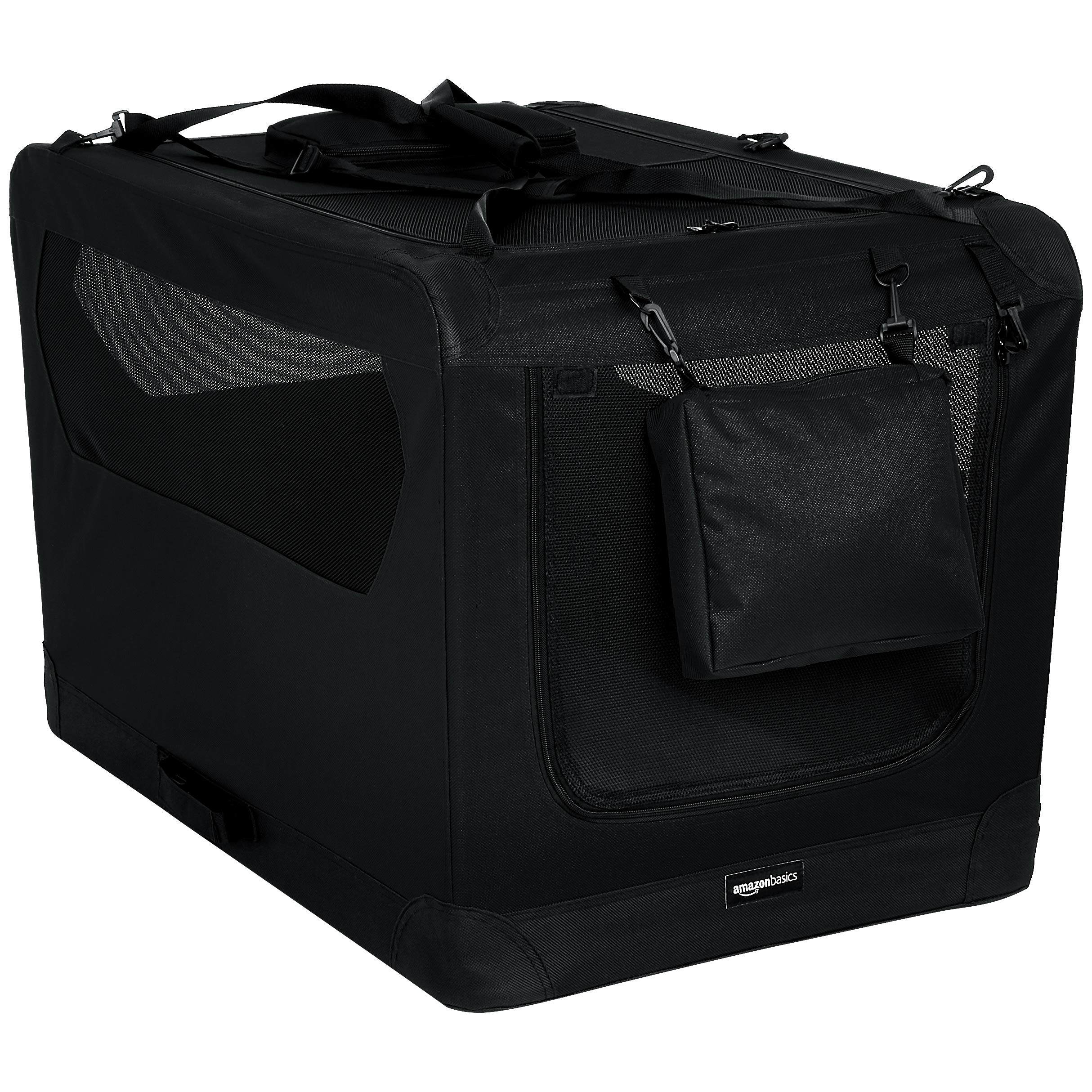 Amazon Basics foldable soft dog crate with top and front openings for easy access