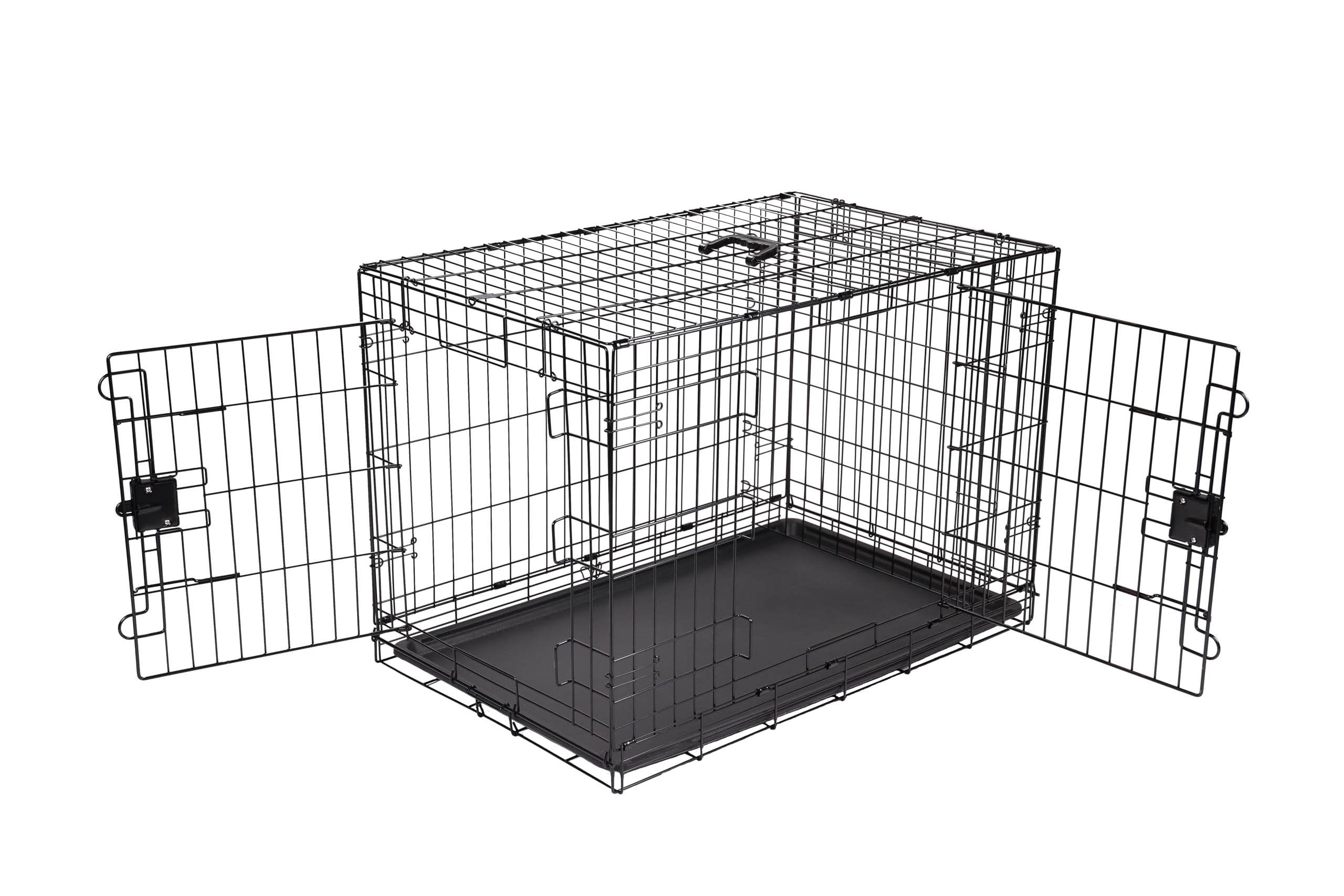 Amazon Basics foldable dog crate front view with secure latch for safe containment.