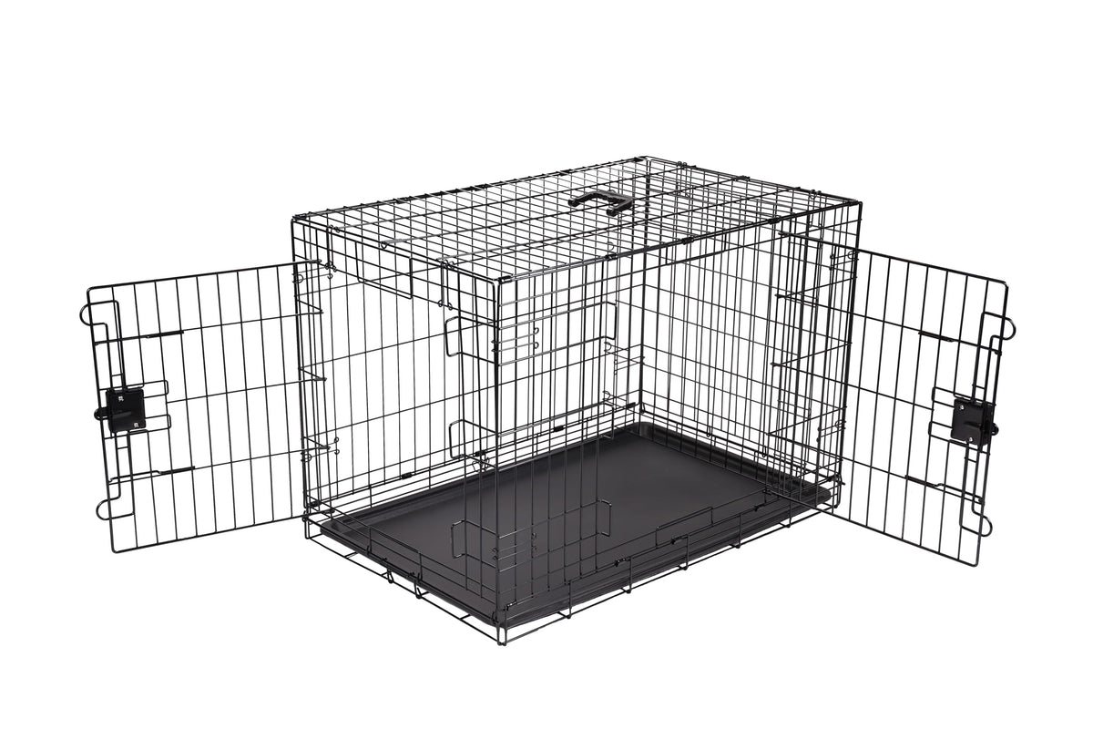 Amazon Basics foldable dog crate front view with secure latch for safe containment.