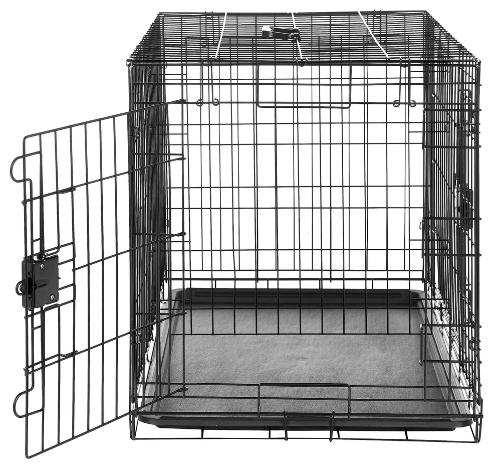 Amazon Basics foldable dog crate with open doors for dual-entry convenience.