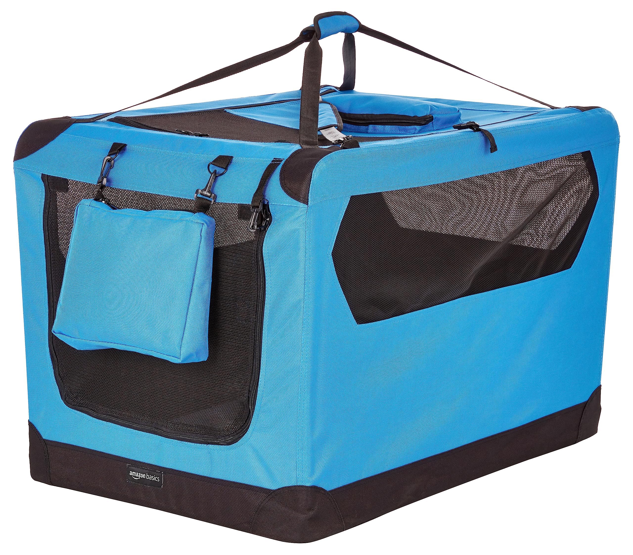 Amazon Basics blue folding soft pet crate with top and front openings for easy access.