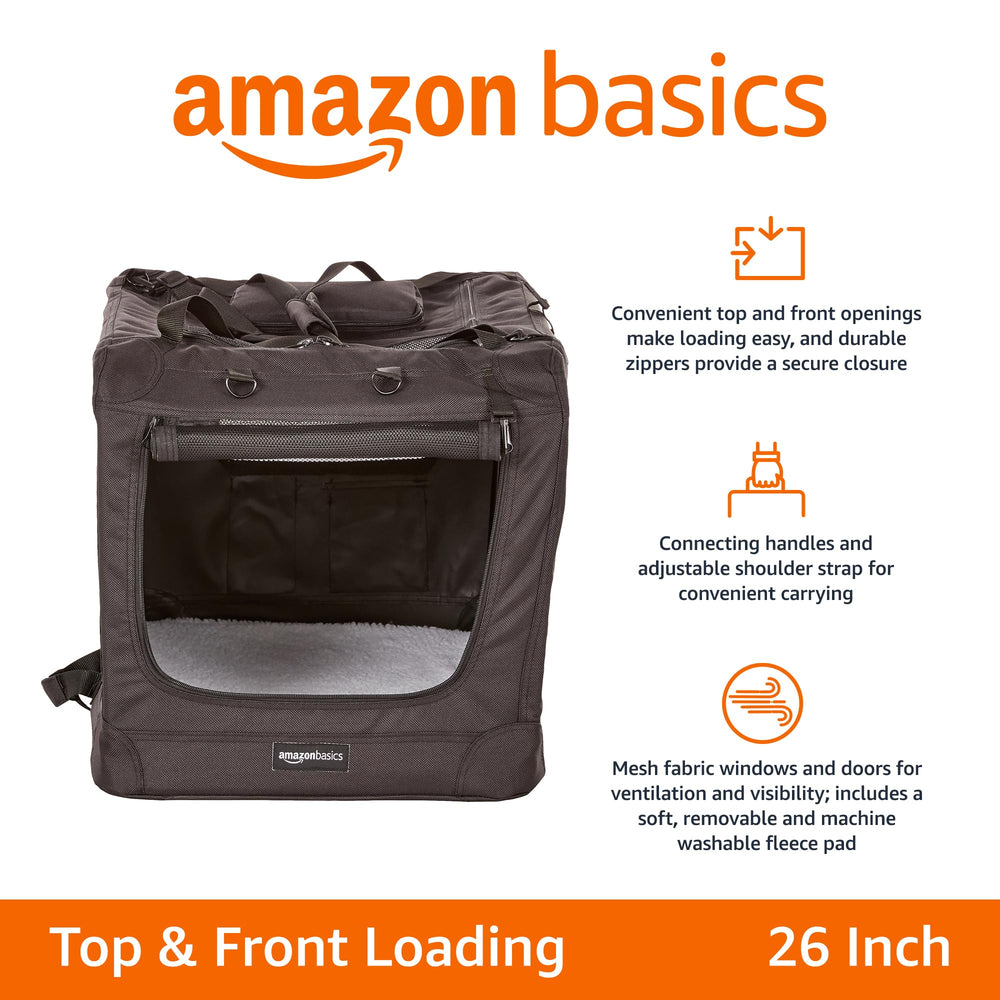 Amazon Basics folding soft pet crate with front opening for quick entry.