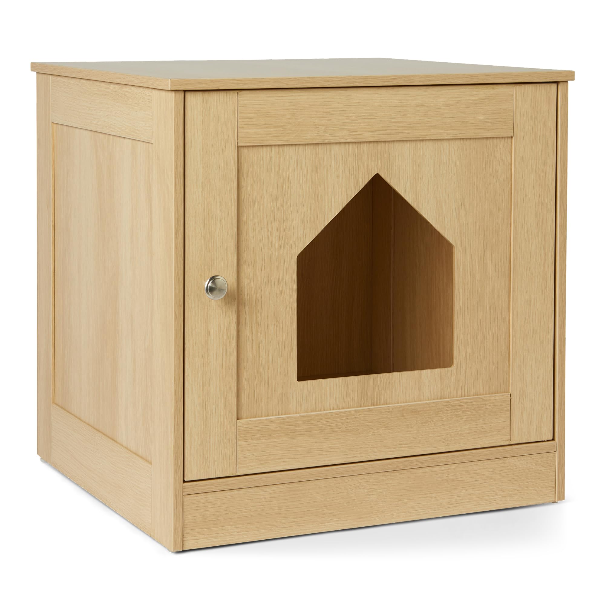 Amazon Basics oak front view of the furniture-style litter box enclosure blends with home decor.