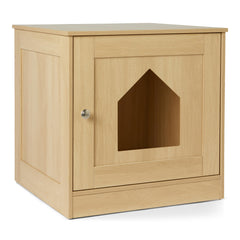Amazon Basics oak front view of the furniture-style litter box enclosure blends with home decor.