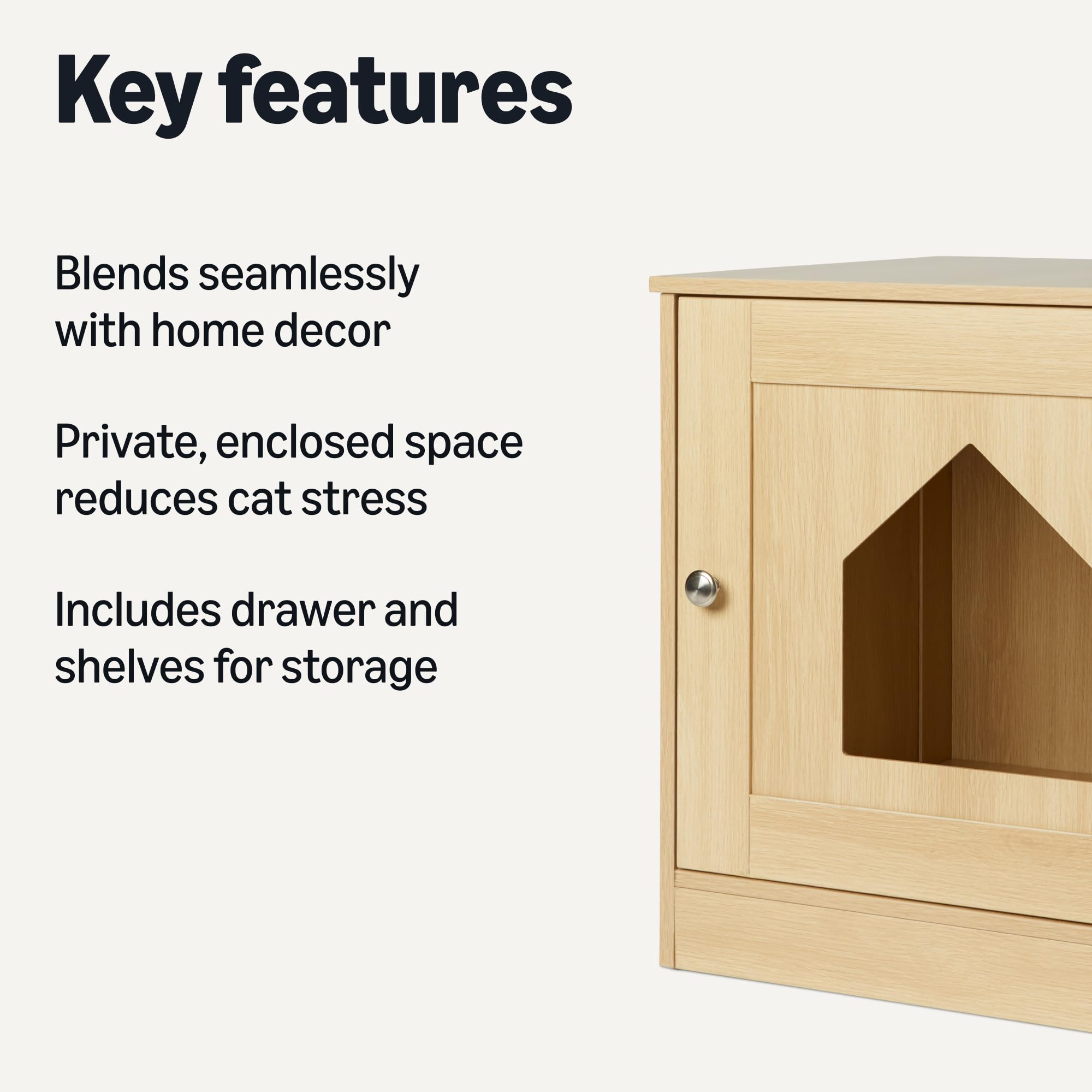 Amazon Basics oak side-panel enclosure hides the litter box discreetly.