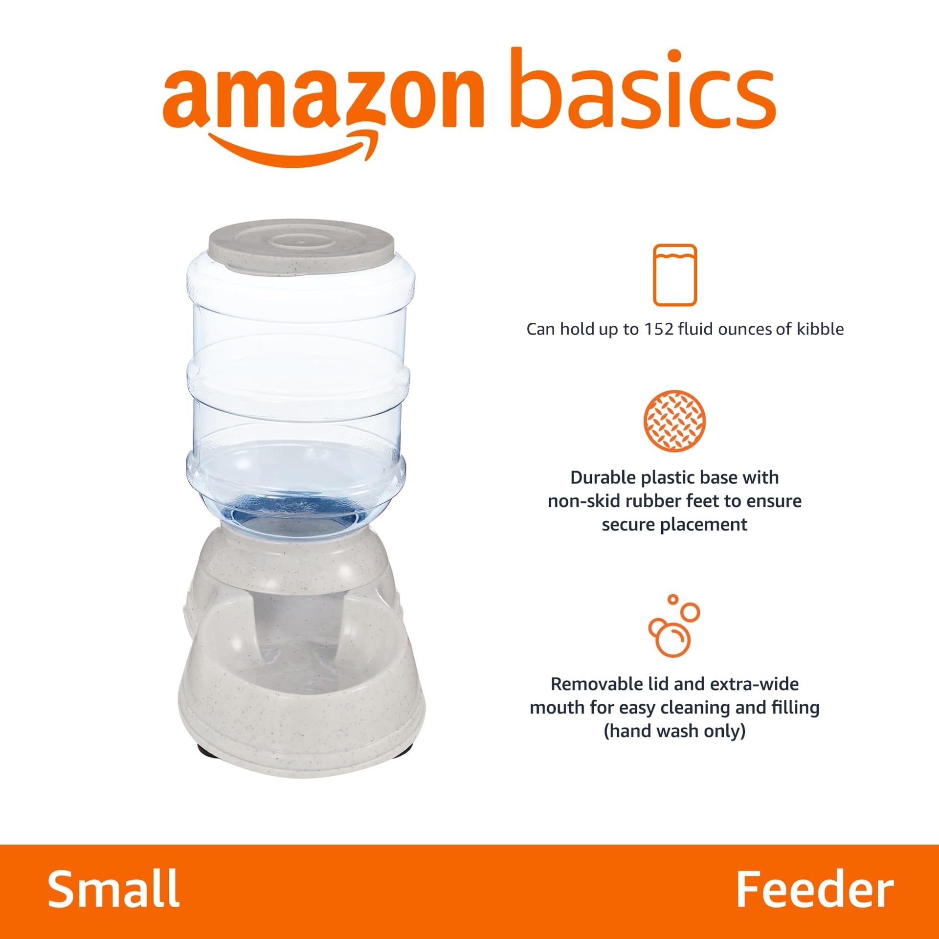 Amazon Basics gravity feeder hopper is transparent for easy kibble level checks.