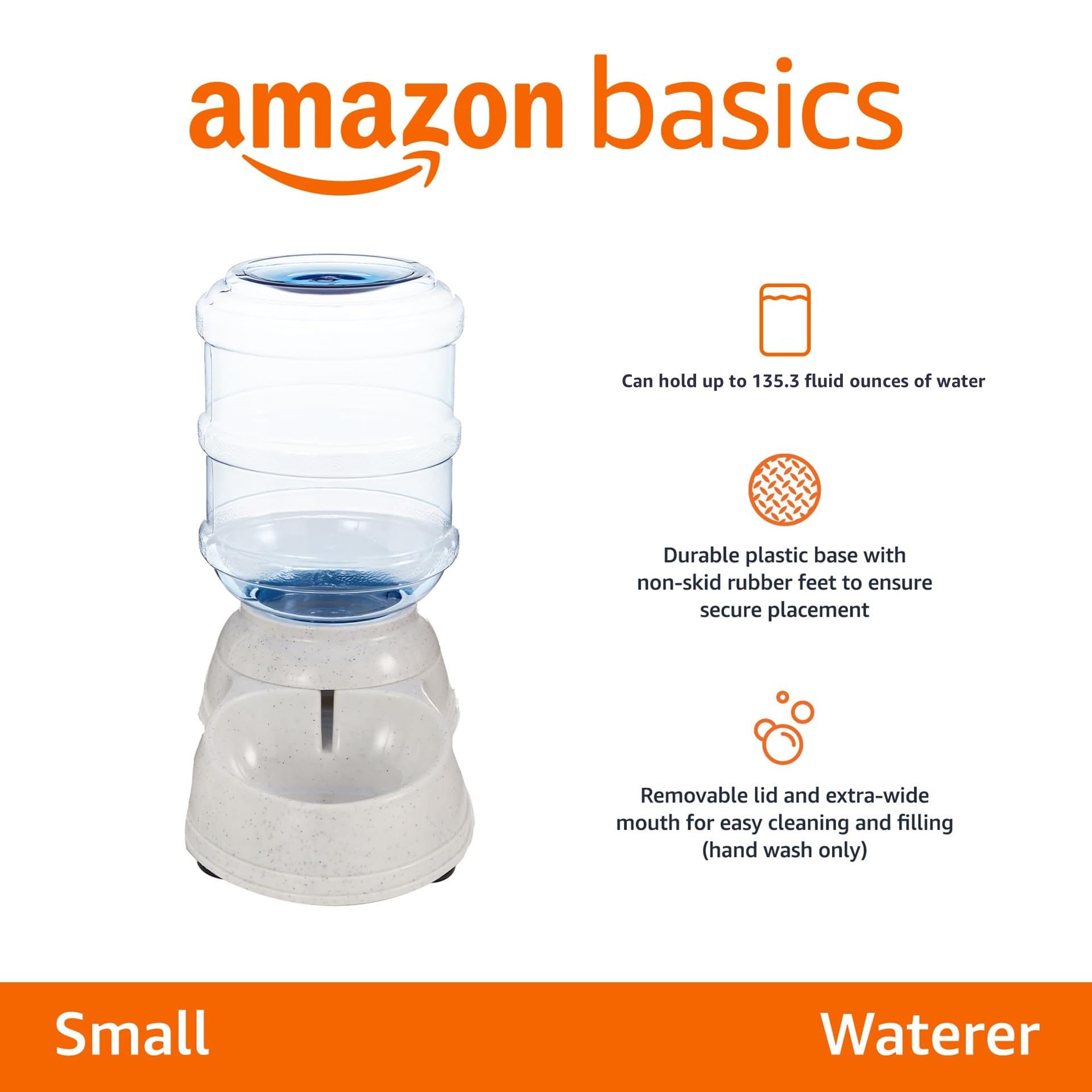 Amazon Basics gravity pet water dispenser shows water level at a glance for easy monitoring.