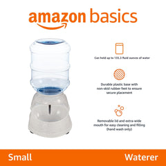 Amazon Basics gravity pet water dispenser shows water level at a glance for easy monitoring.