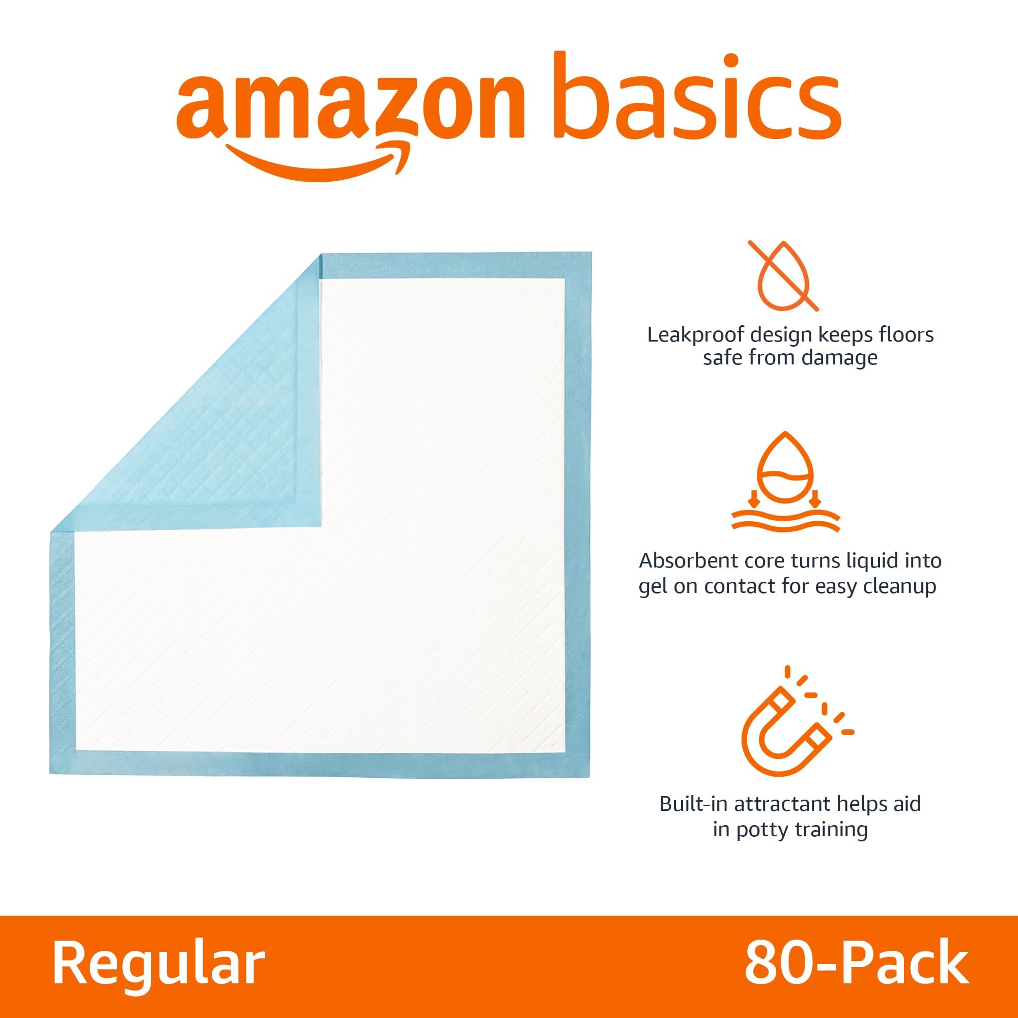 Amazon Basics pee pad close-up highlights 5-layer protection for reliable absorbency.