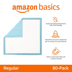 Amazon Basics pee pad close-up highlights 5-layer protection for reliable absorbency.