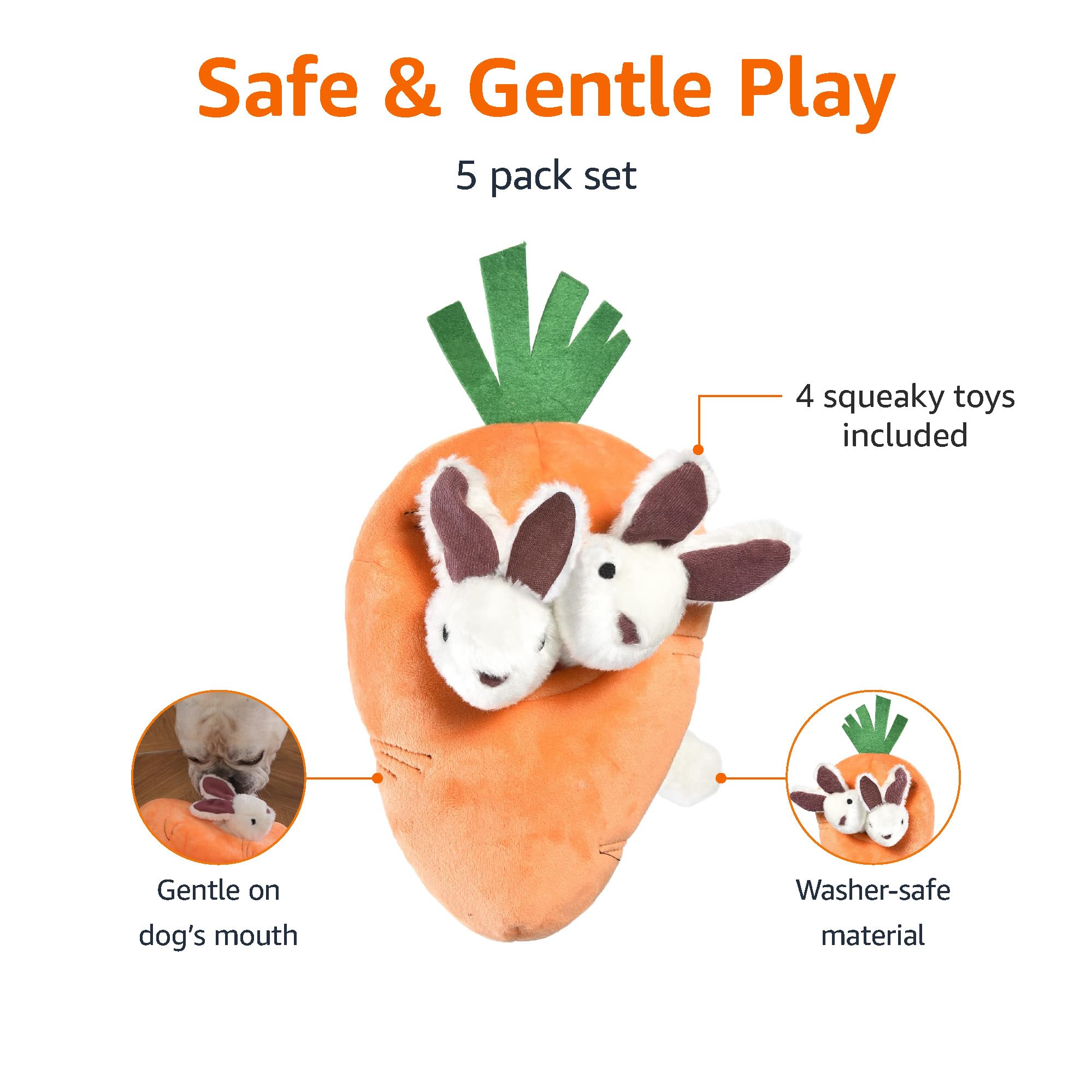 Amazon Basics carrot plush squeaker for fetch and playtime.