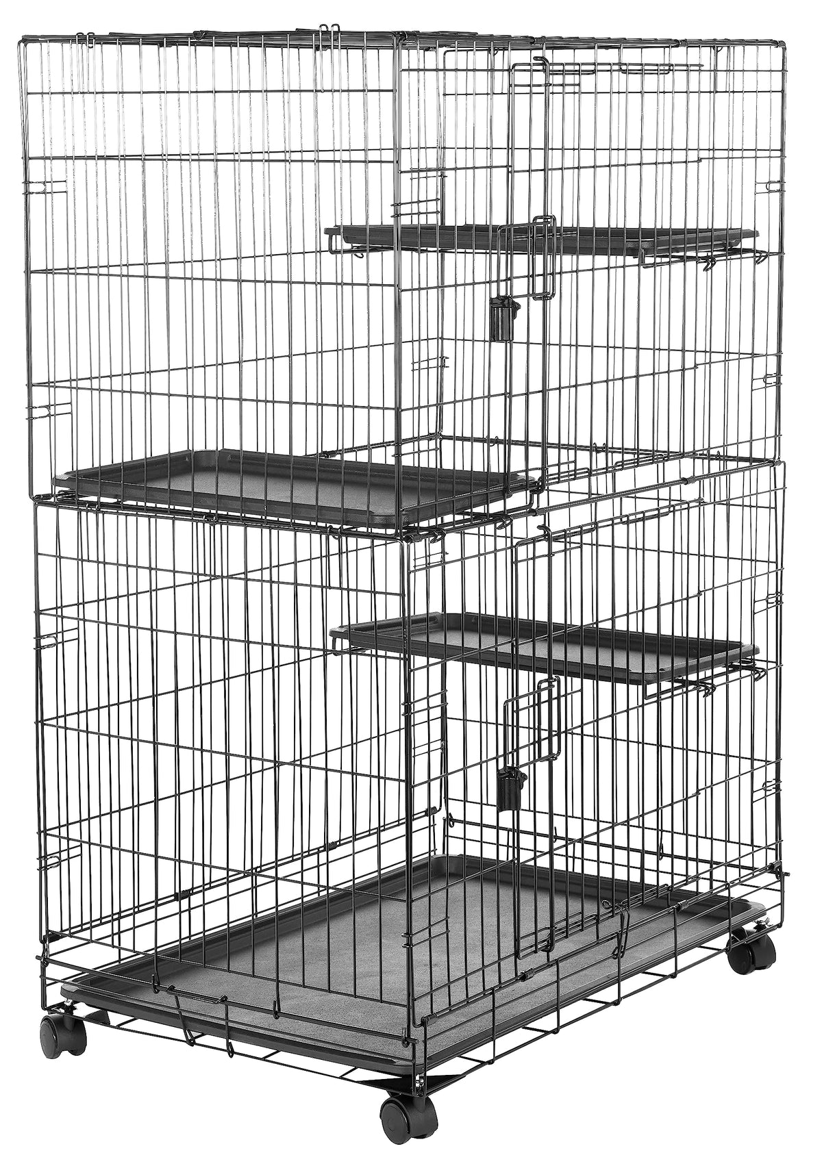 Amazon Basics large 3-tier cat cage playpen front view with secure doors for safe containment.