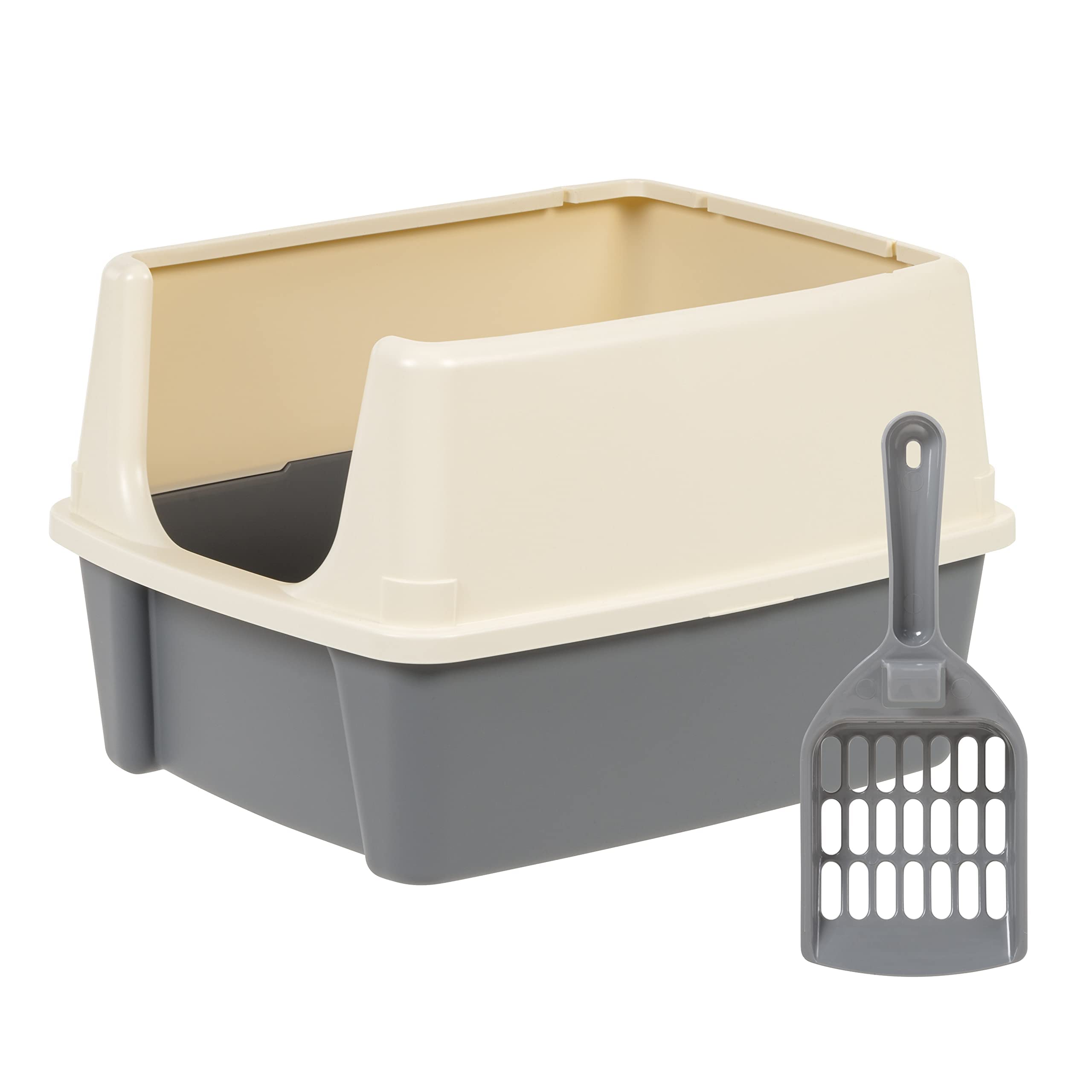 Amazon Basics large cat litter box with high sides keeps litter contained for a tidy space.