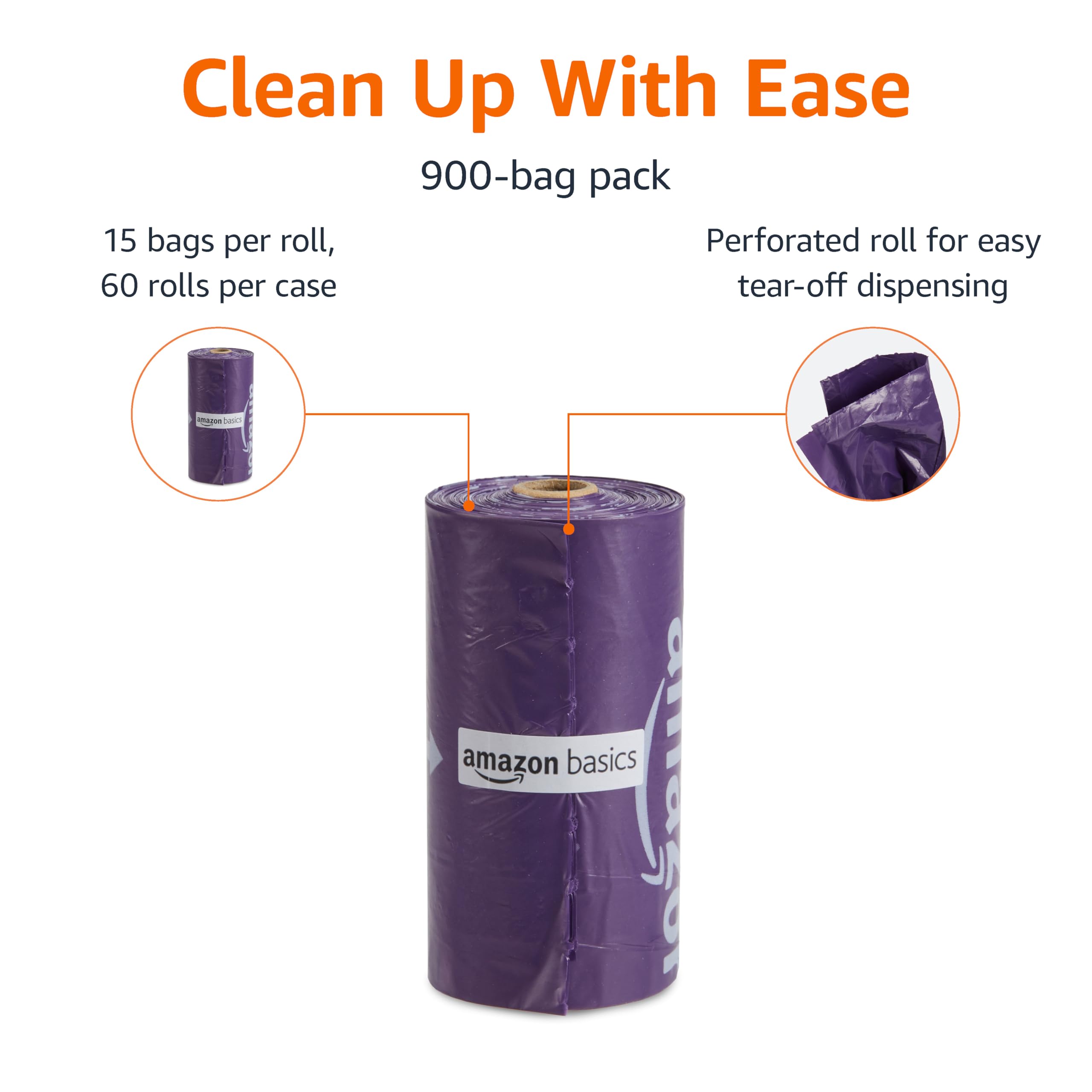 Amazon Basics lavender-scented dog waste bags on a perforated roll for quick tearing.