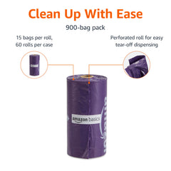 Amazon Basics lavender-scented dog waste bags on a perforated roll for quick tearing.