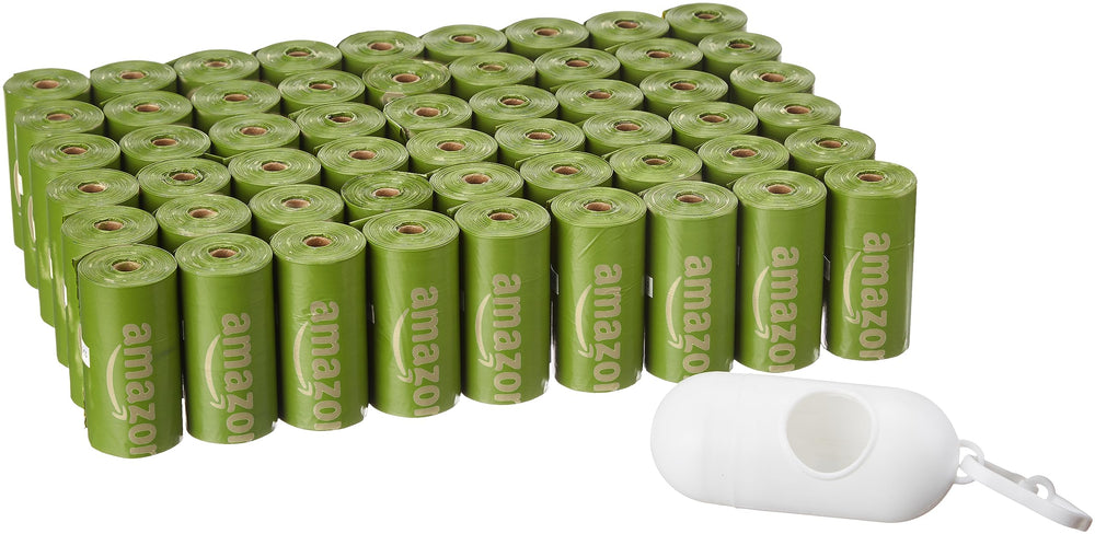 Amazon Basics leak-proof dog poop bags with dispenser and leash clip for easy cleanup on walks