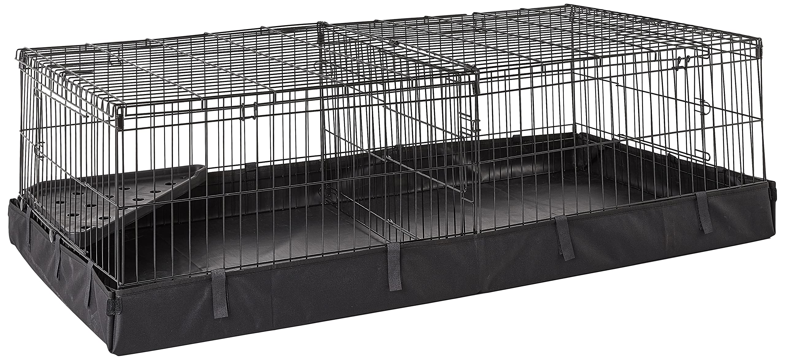 Amazon Basics leakproof canvas-bottom cage highlights easy cleanup and mess containment.