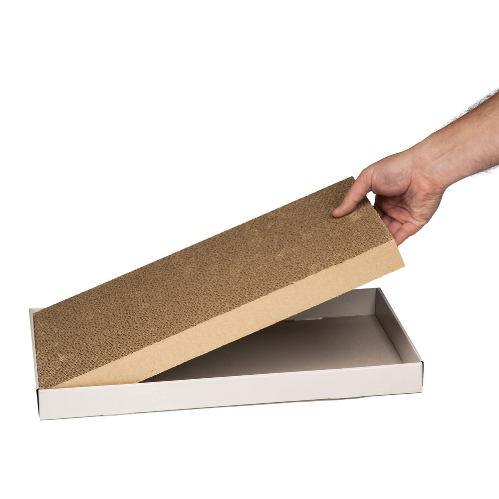Amazon Basics lightweight, high-density cardboard pad withstands daily scratching for cats.