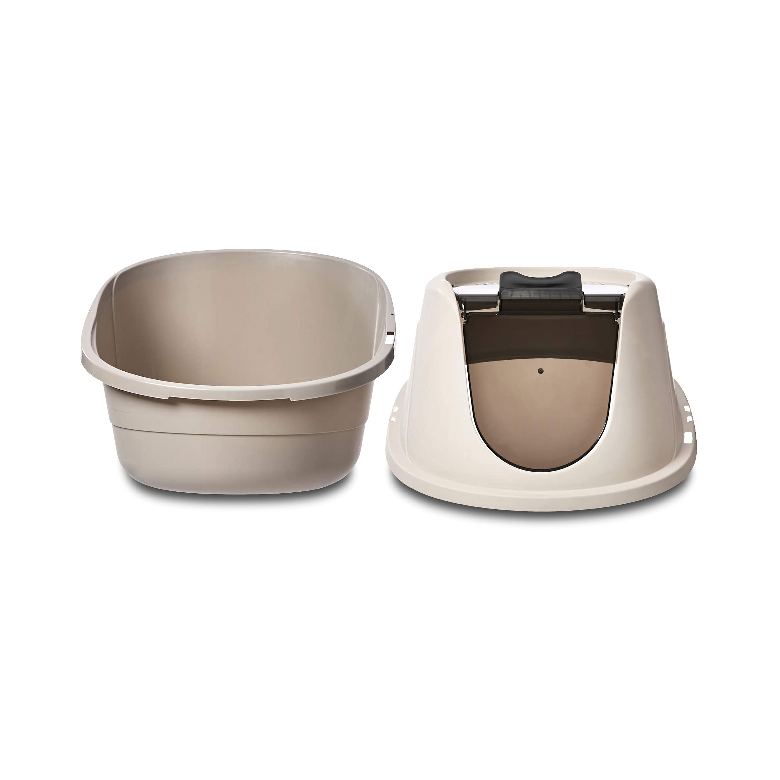 Amazon Basics hooded litter box placed in a living room setting