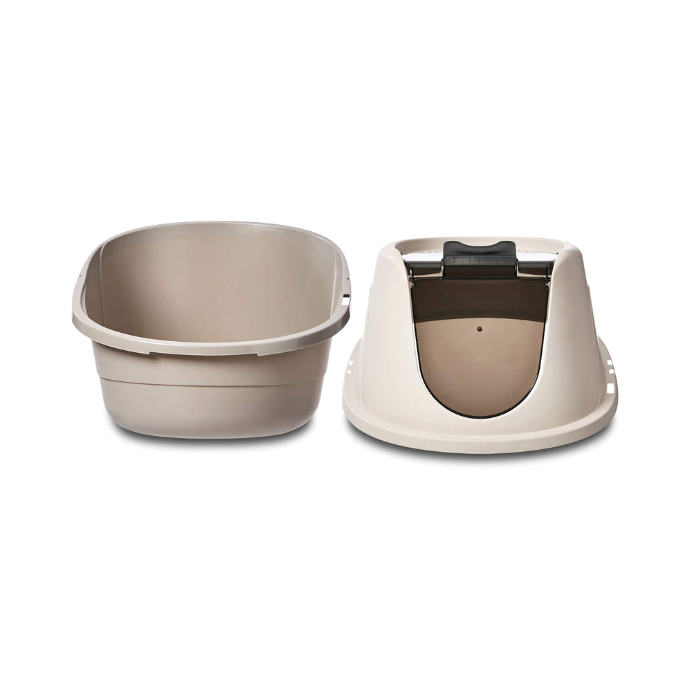 Amazon Basics hooded litter box placed in a living room setting