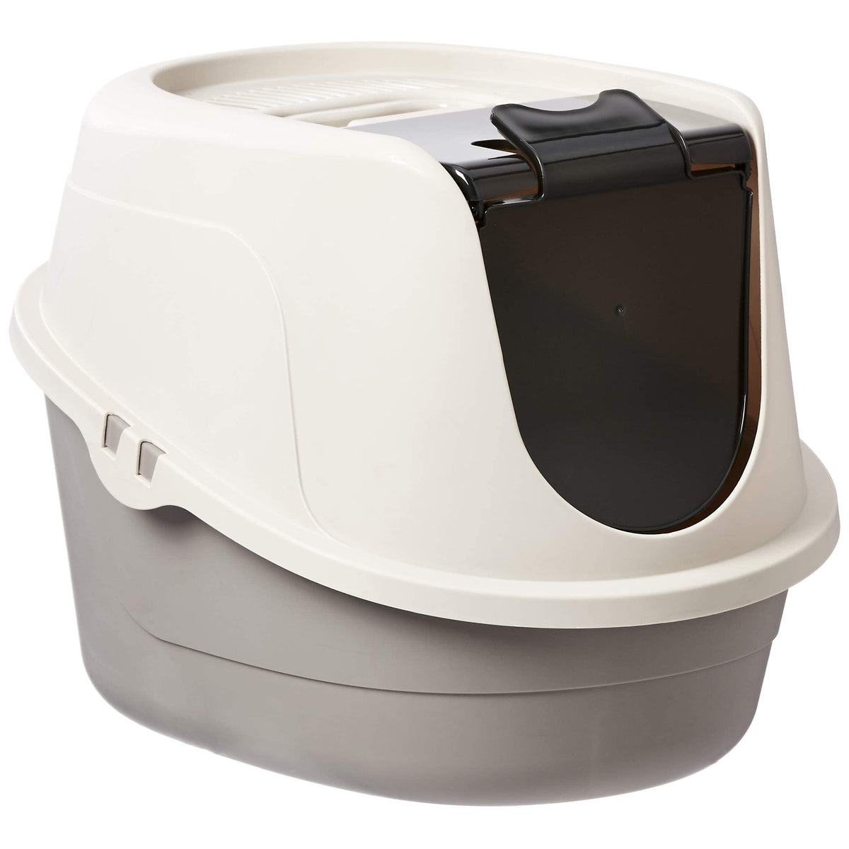 Amazon Basics No-Mess hooded litter box overview showing private space for cats and mess containment