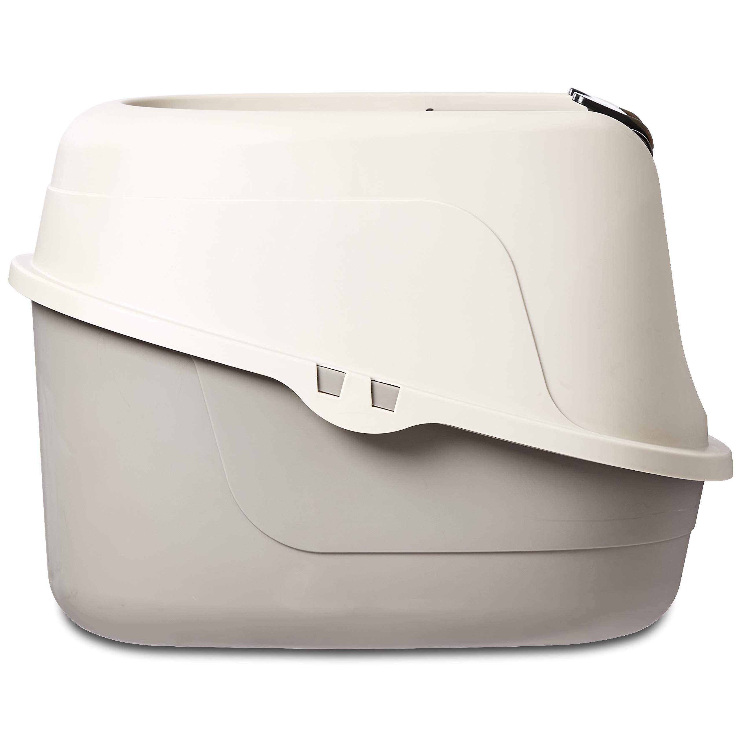 Amazon Basics hooded litter box swinging door open for cat access