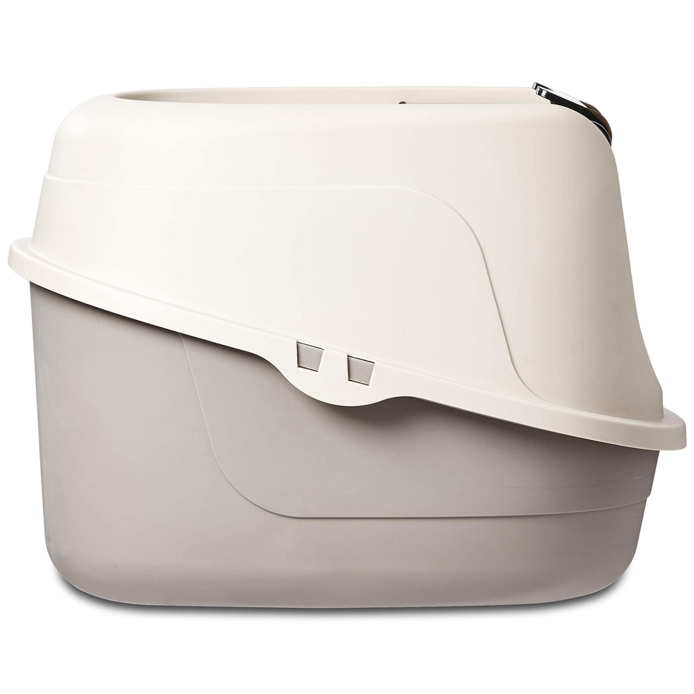 Amazon Basics hooded litter box swinging door open for cat access