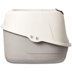 Amazon Basics hooded litter box swinging door open for cat access