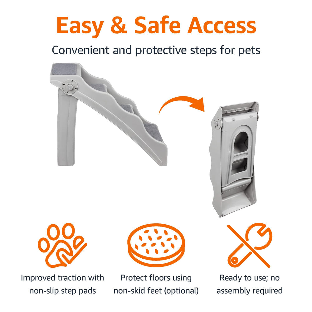 Amazon Basics pet stairs with non-slip pads provide secure traction on each step.