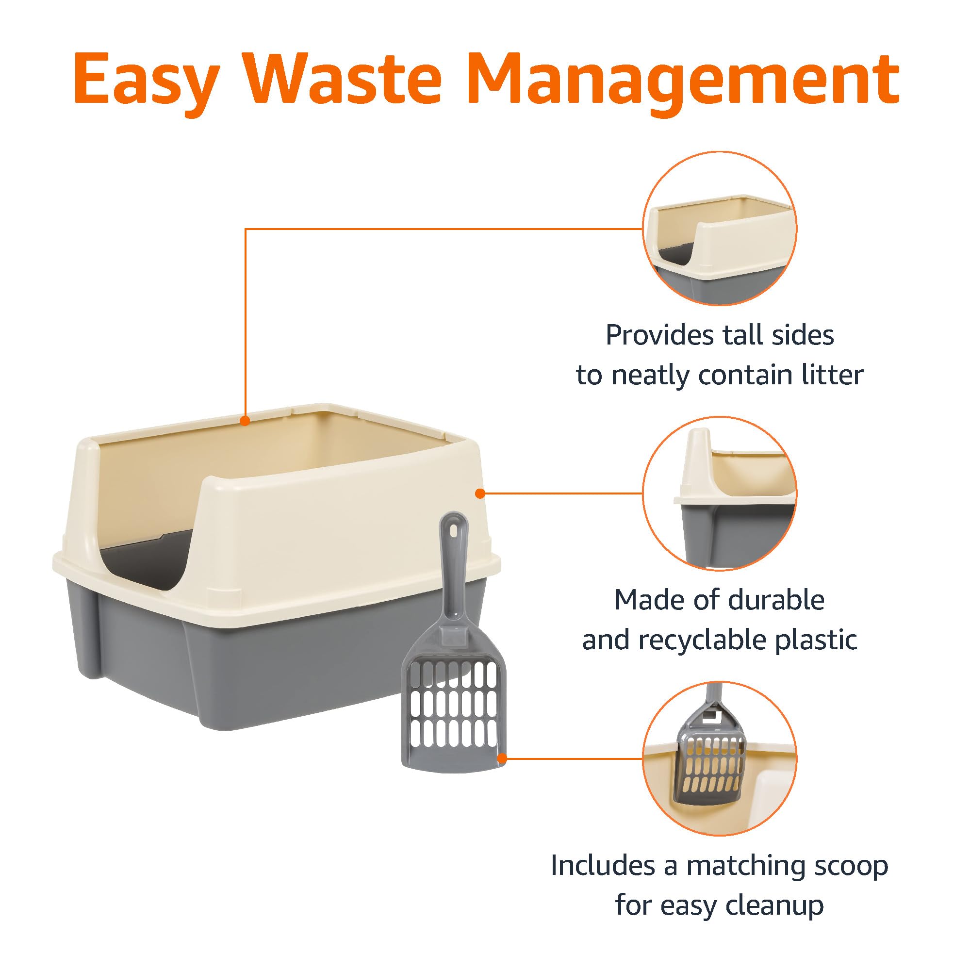 Amazon Basics open-top litter box with lowered front for easy cat entry and exit.