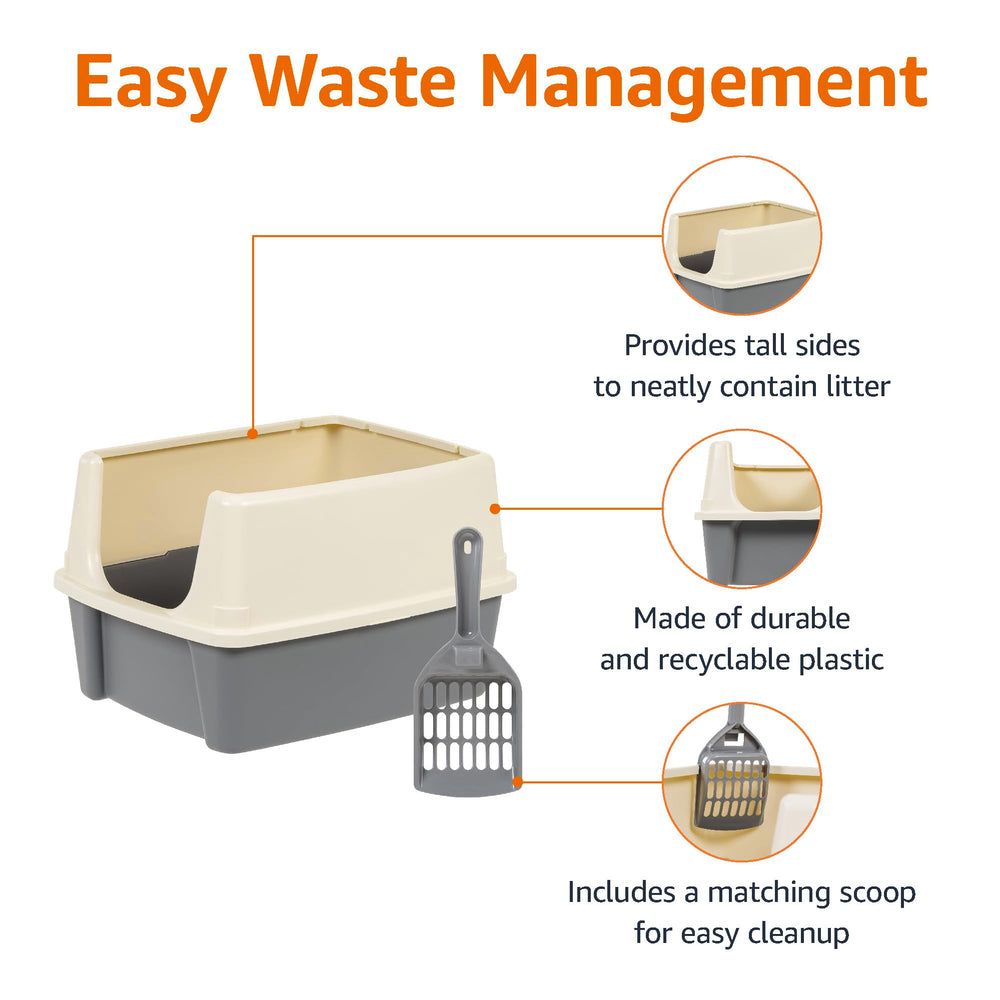 Amazon Basics open-top litter box with lowered front for easy cat entry and exit.