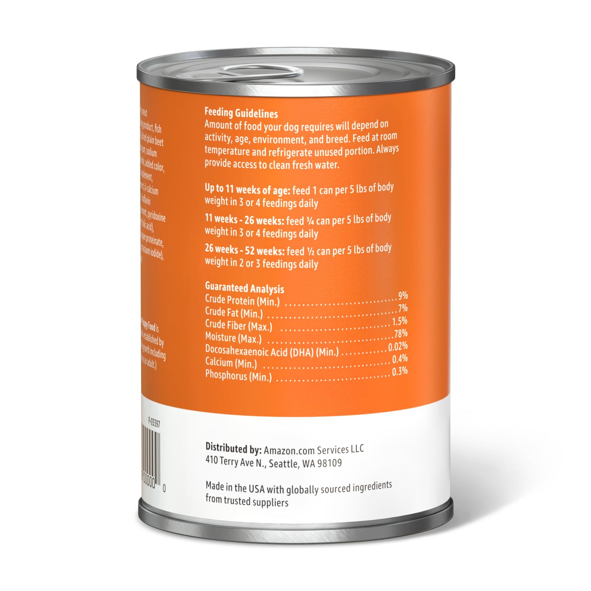 Amazon Basics cans on pantry shelf, compact 13.2 oz portions.