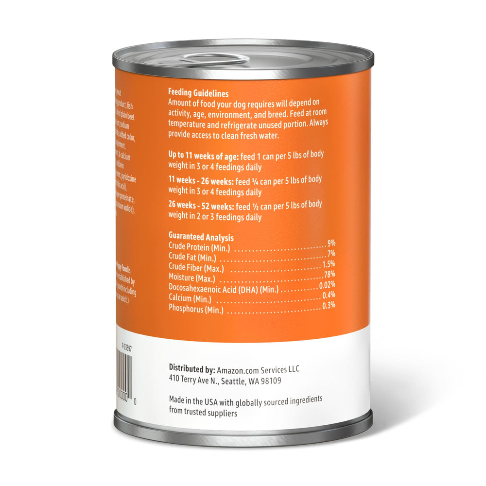 Amazon Basics cans on pantry shelf, compact 13.2 oz portions.