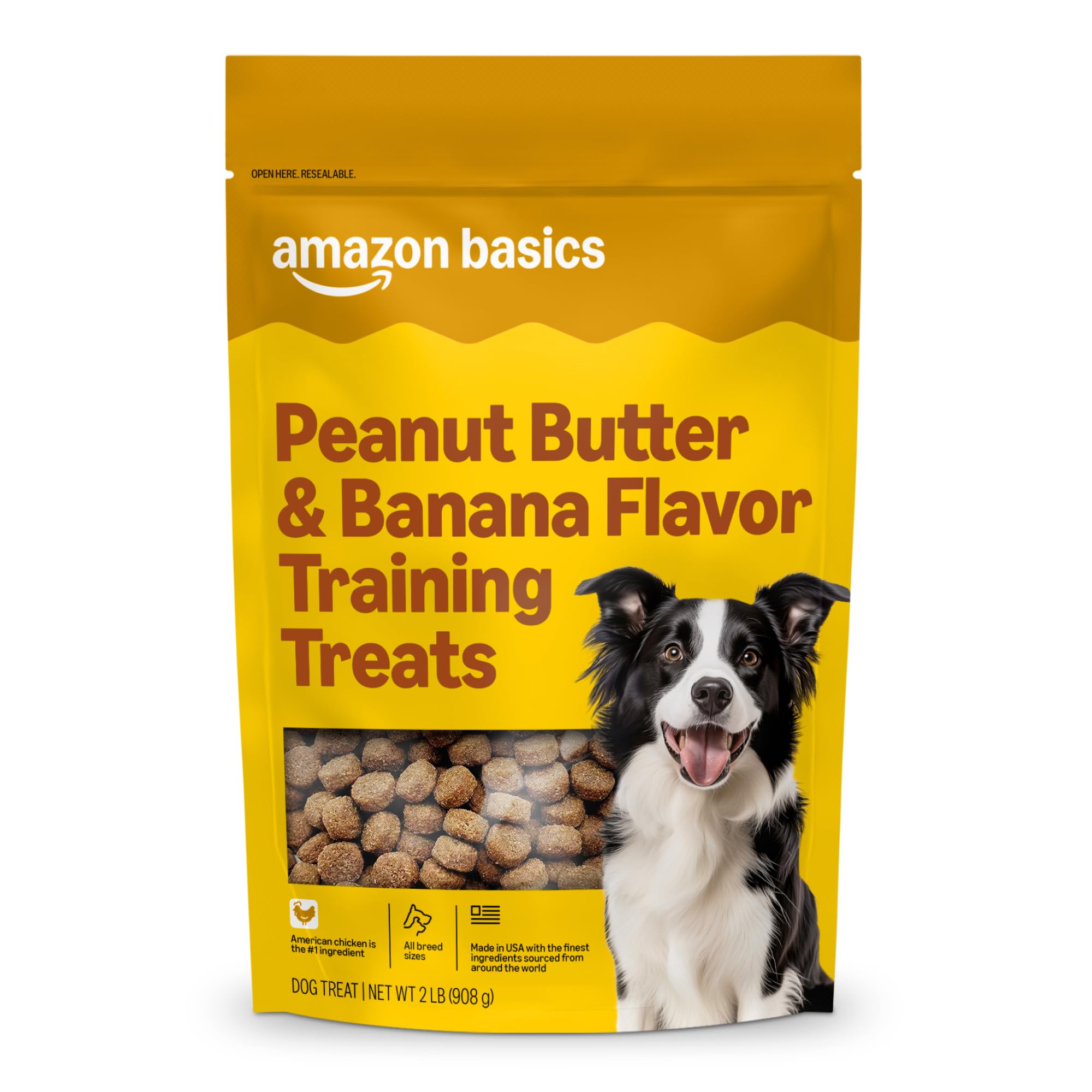 Amazon Basics dog treats in a 2-pound bag, ideal for training rewards.