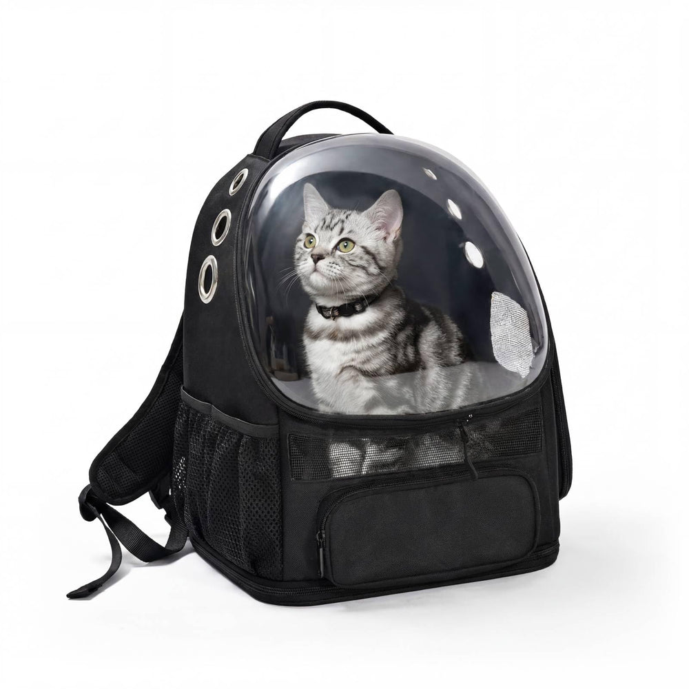 Amazon Basics pet carrier backpack with bubble window lets small pets observe surroundings during travel.