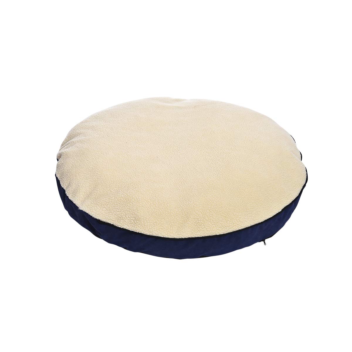 Amazon Basics pet cave bed blue material close-up shows suede-like exterior.