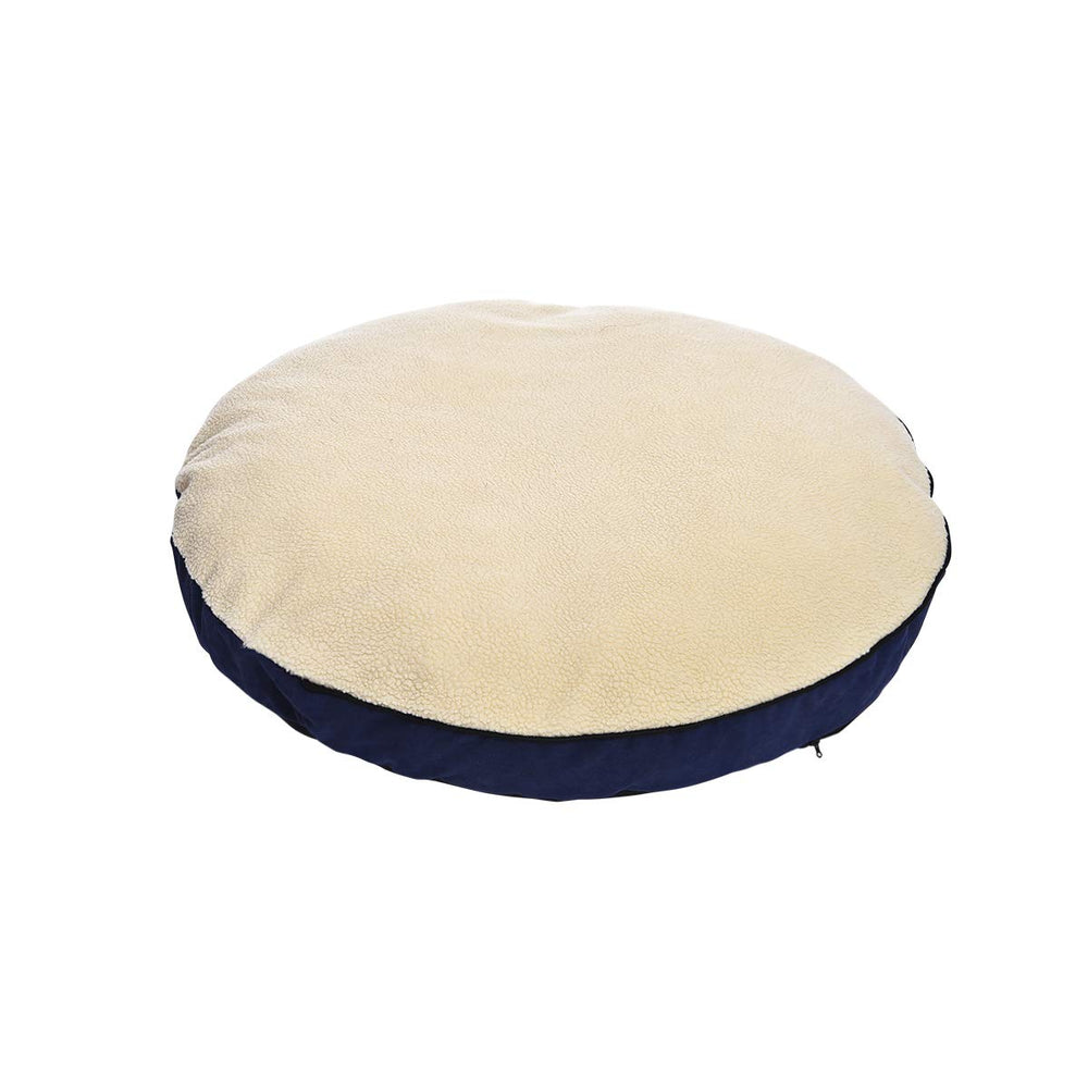 Amazon Basics pet cave bed blue material close-up shows suede-like exterior.