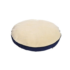 Amazon Basics pet cave bed blue material close-up shows suede-like exterior.