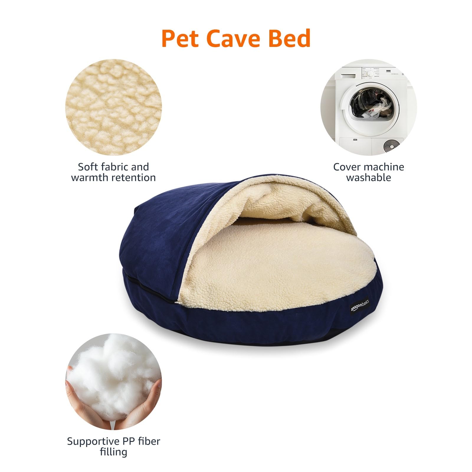 Amazon Basics pet cave bed blue nesting cave close-up highlights versatile lounging.