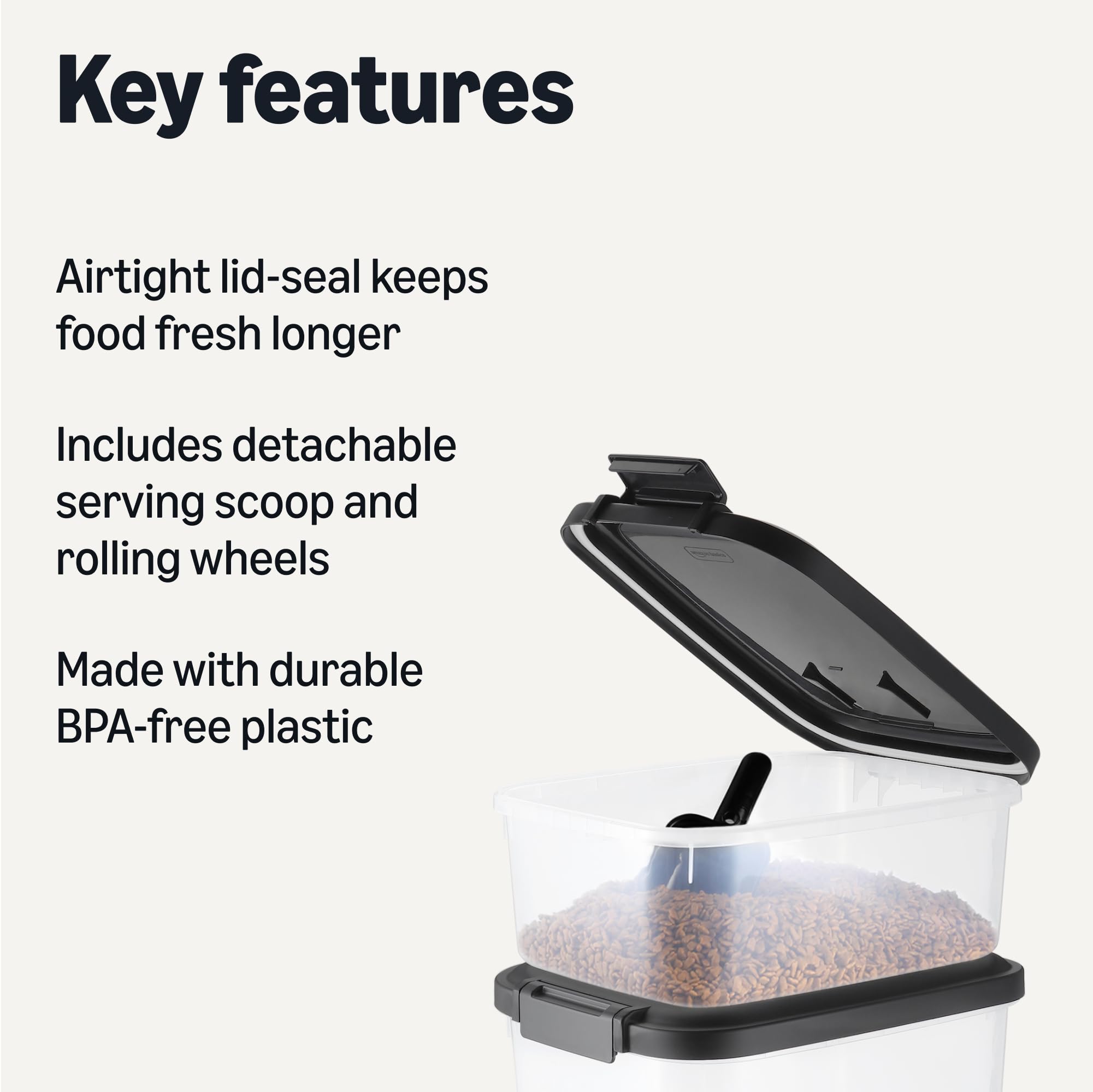 Amazon Basics 10lb pet food bin with lid for easy storage and access.