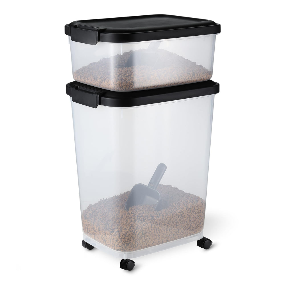 Amazon Basics 30lb pet food bin with lid keeps kibble fresh and secure.