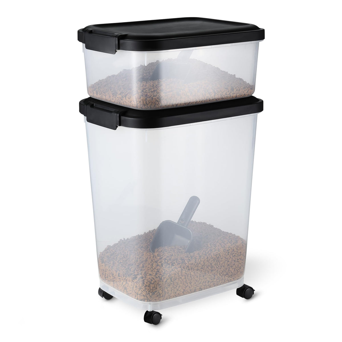 Amazon Basics 30lb pet food bin with lid keeps kibble fresh and secure.