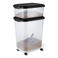 Amazon Basics 30lb pet food bin with lid keeps kibble fresh and secure.