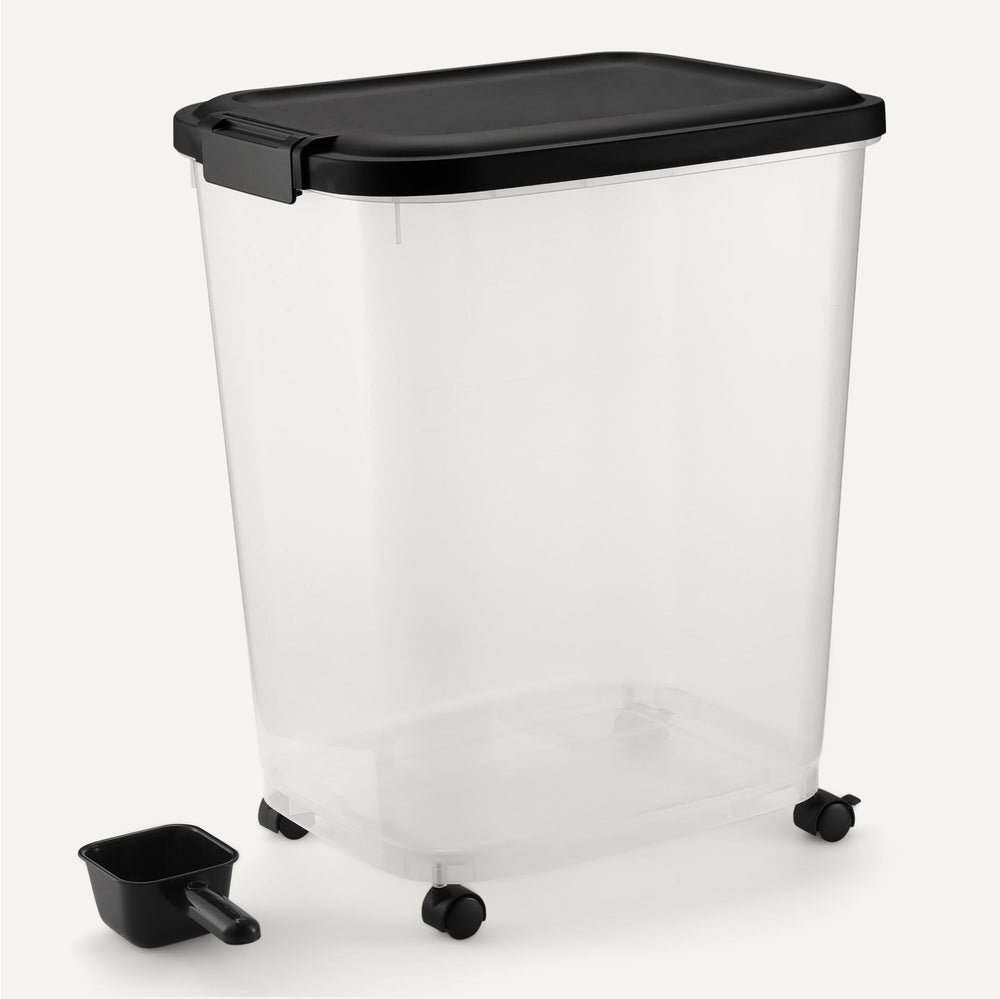 Amazon Basics pet food container detachable scoop for simple serving.