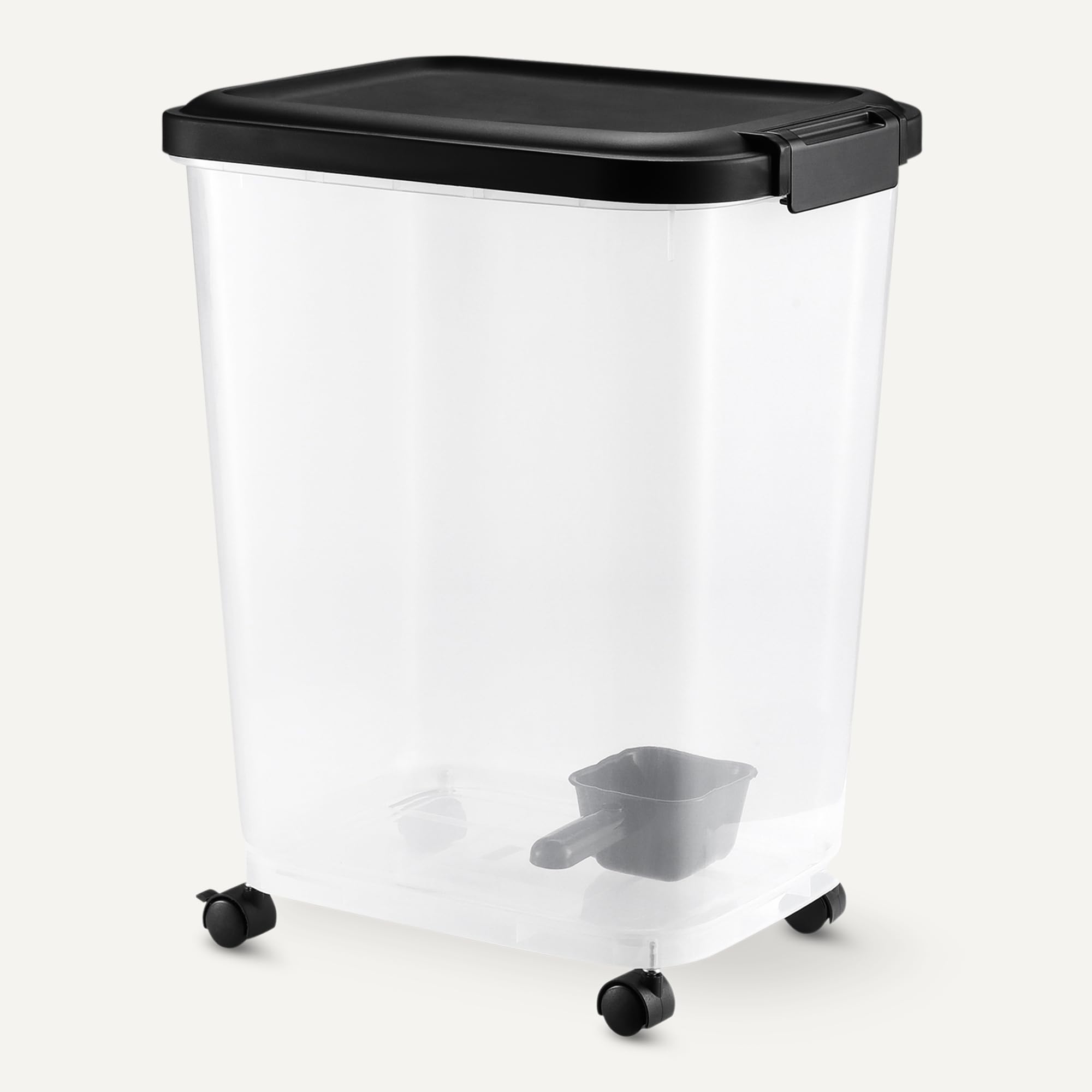 Amazon Basics container with visible dry kibble inside for practical storage use.