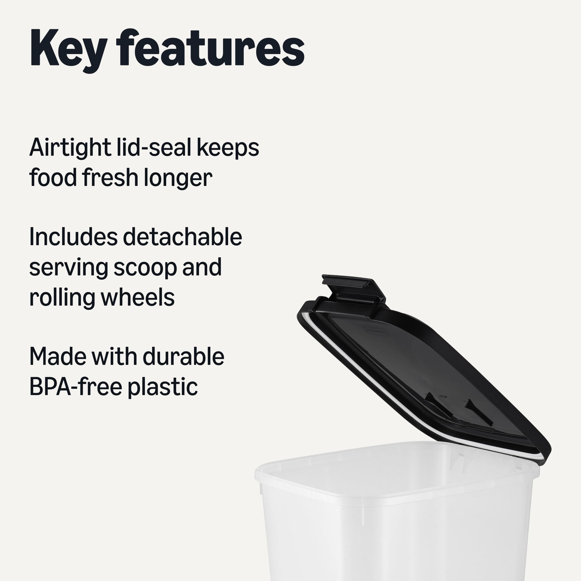 Amazon Basics container lid-seal design keeps kibble fresh.