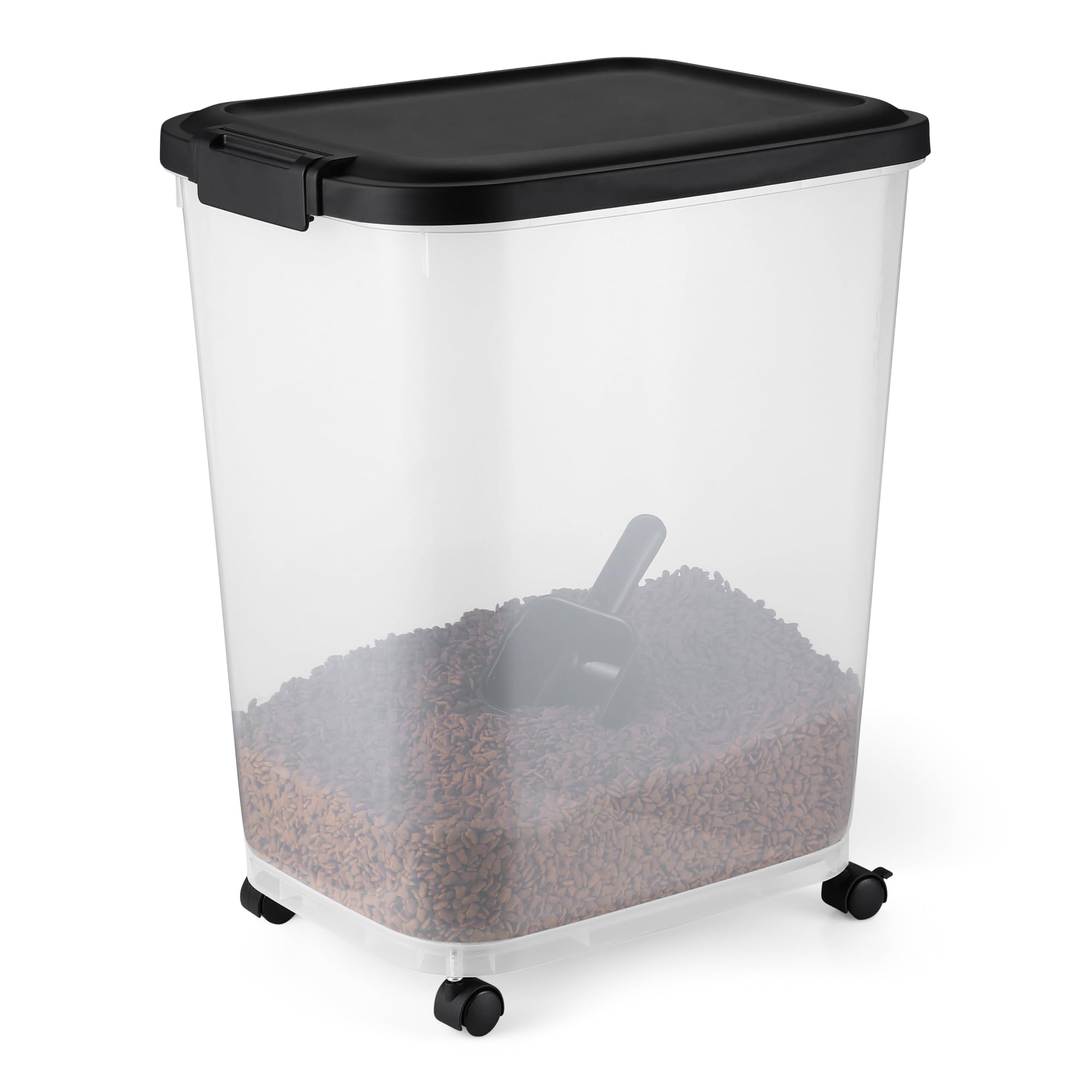 Amazon Basics pet food container with rolling wheels for easy mobility.