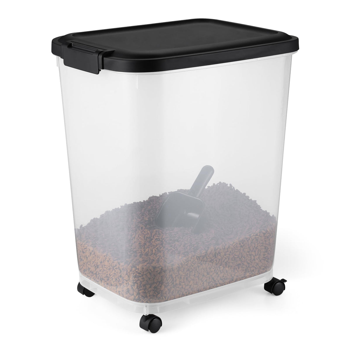 Amazon Basics pet food container with rolling wheels for easy mobility.